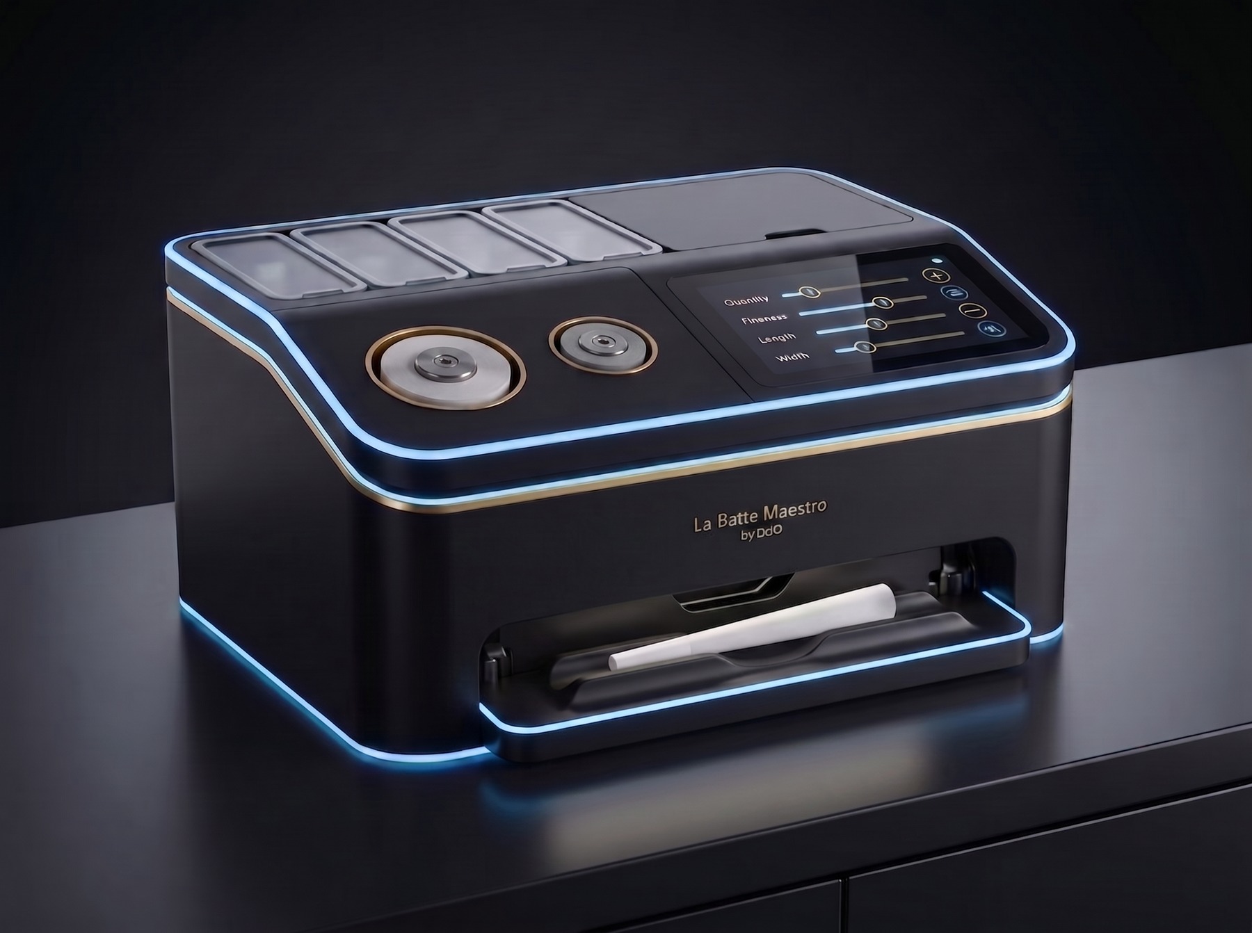 Concept de La Batte Maestro by DdO : appareil de comptoir automatique noir aux accents bleu et or, écran tactile, qui forme un support à la demande