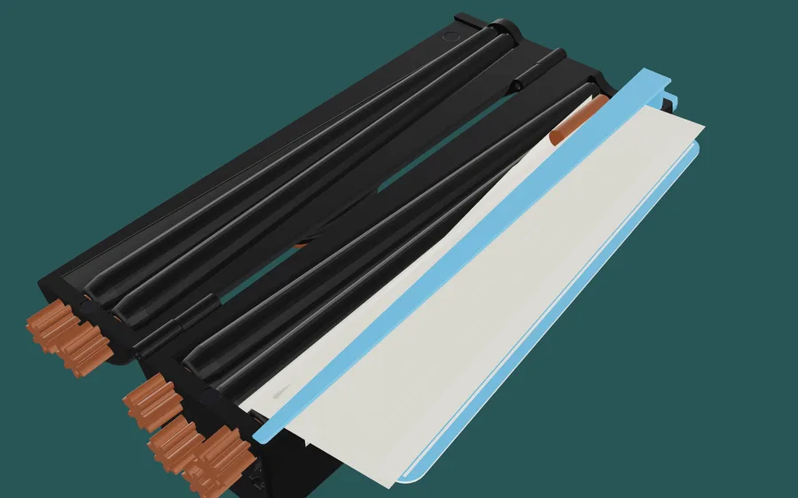 The open roller seen from above: the support slides along the channel, settles into place, and its corner tucks under the cardboard tip