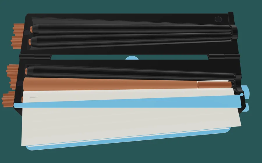 The roller seen from above: empty at first, it fills up — the material spreads along the channel